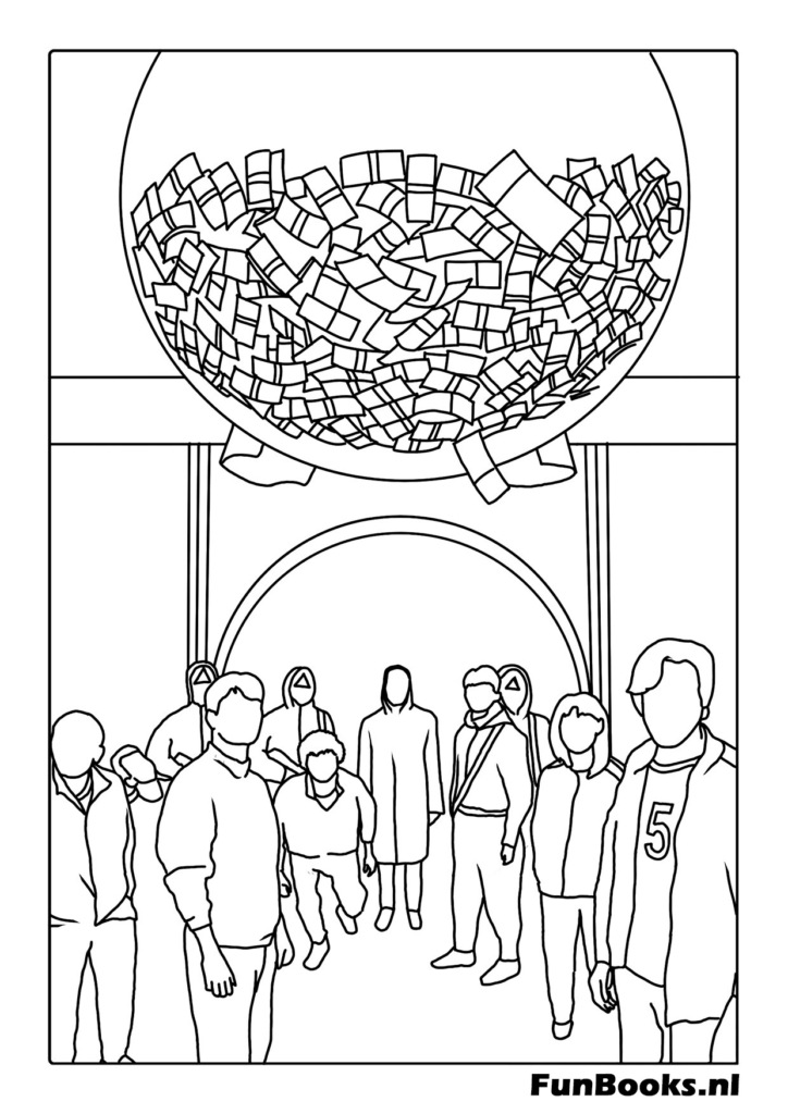 The giant glass piggy bank filled with cash money suspended above the players in the dorm Squid Game coloring pages