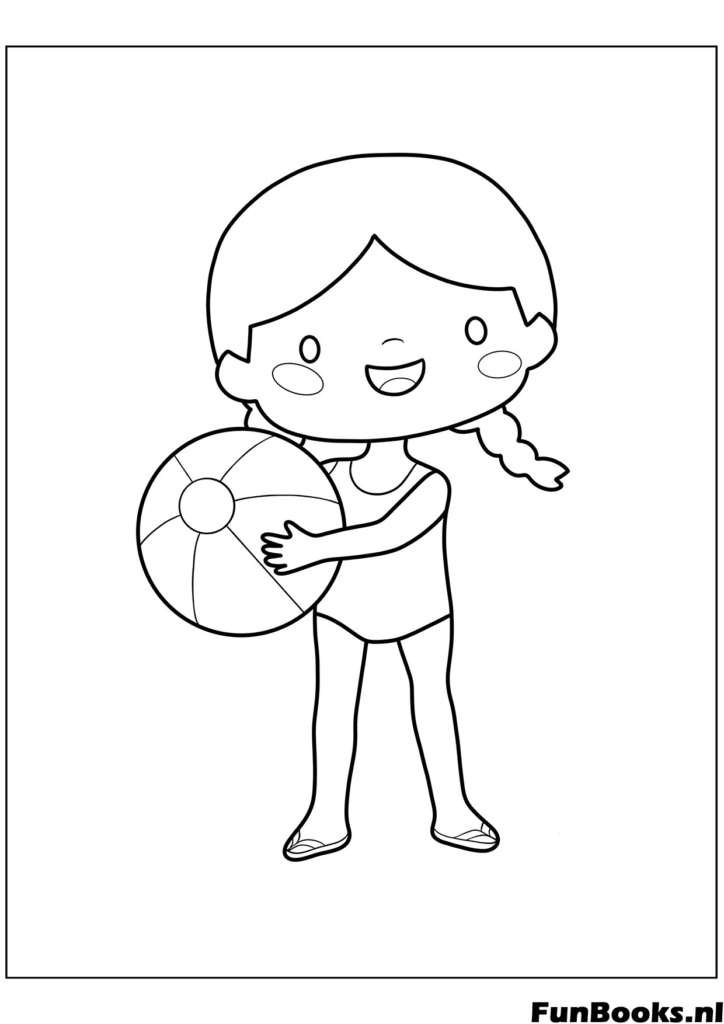 Cute girl in swimsuit holding a beach ball ready to play summer fun coloring page
