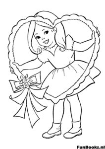 Girl holding a large heart wreath made of flowers spring coloring page for Mother's Day