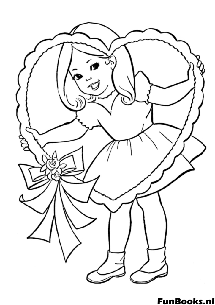 Girl holding a large heart wreath made of flowers spring coloring page for Mother's Day