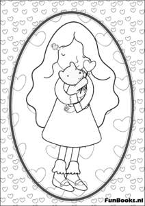 Cute girl hugging a heart pillow inside an oval frame dreamy coloring page for cozy days