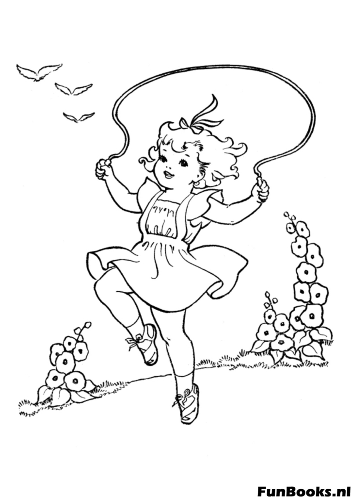 Happy girl jumping rope outside in the summer garden active play coloring page