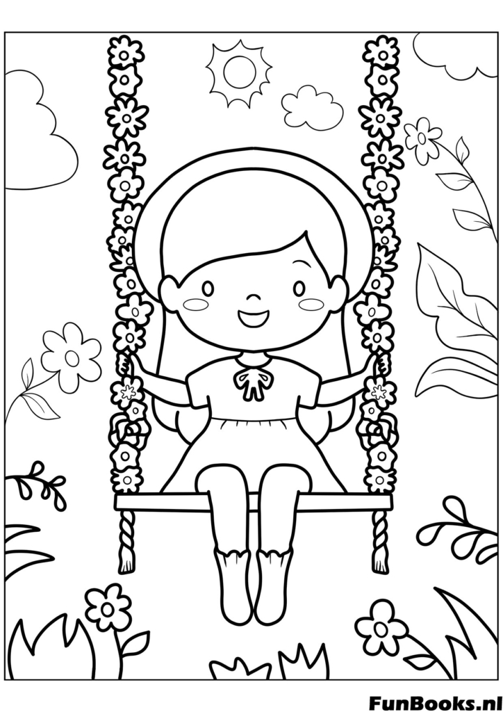 Cute girl swinging on a tree swing decorated with vines and flowers spring activity coloring page