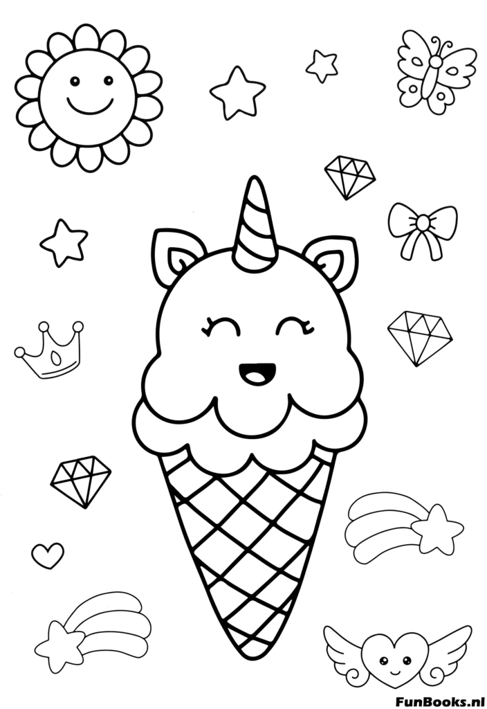 Cornet de glace kawaii en forme de tête de licorne avec pépites coloriage