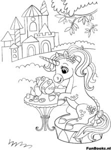 Princesse prenant un goûter avec son amie licorne et du gâteau coloriage