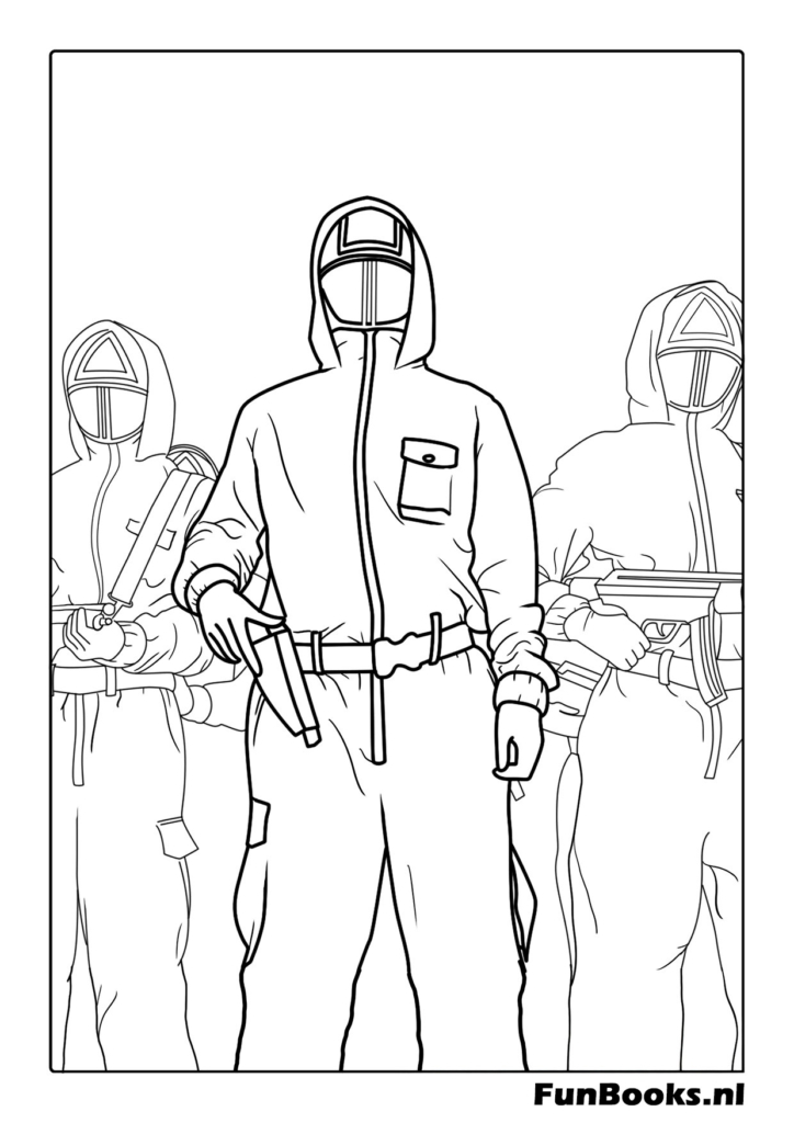 A pink soldier guard holding a machine gun standing ready to enforce the rules of the game Squid Game coloring pages