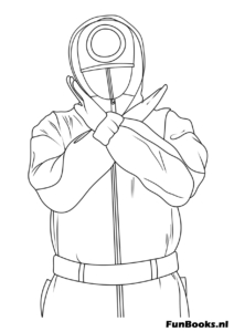 A pink soldier crossing his arms to make an X sign indicating stop or elimination Squid Game coloring pages
