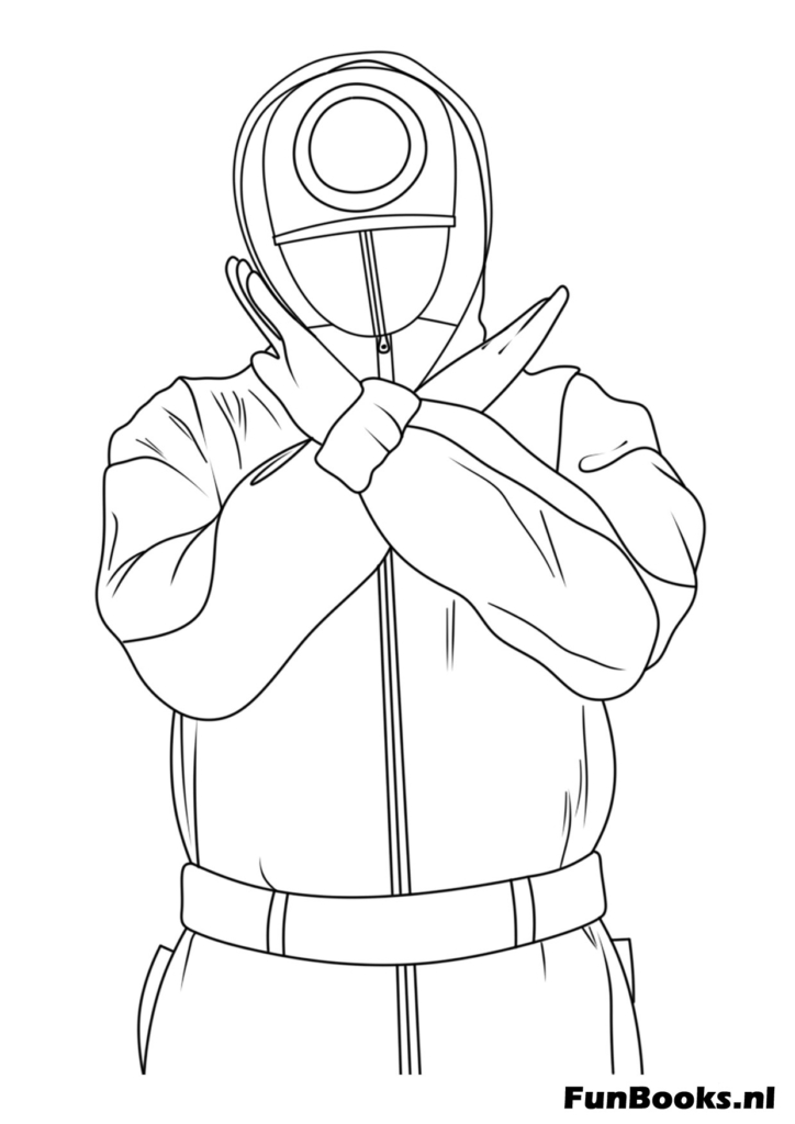 Un soldado rosado cruzando sus brazos para hacer un signo de X indicando alto o eliminación El Juego del Calamar dibujo para colorear