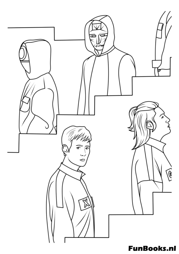 Pink soldiers walking up and down the colorful maze-like staircases in the secret facility Squid Game coloring pages