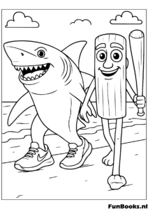 De beroemde haai met benen loopt op het strand met Tung Tung Sahur grappige meme kleurplaat