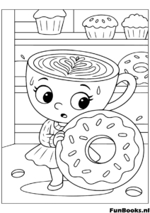 Divertido personaje Capuchino sosteniendo una dona deliciosa gigante golosina dulce dibujo para colorear