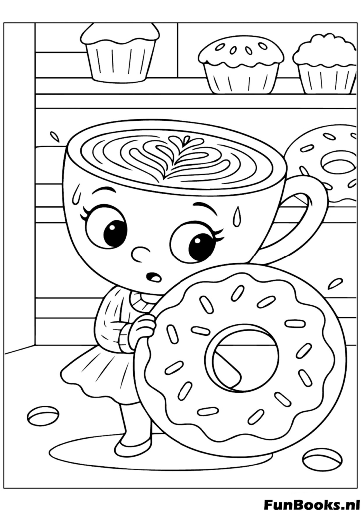 Divertido personaje Capuchino sosteniendo una dona deliciosa gigante golosina dulce dibujo para colorear