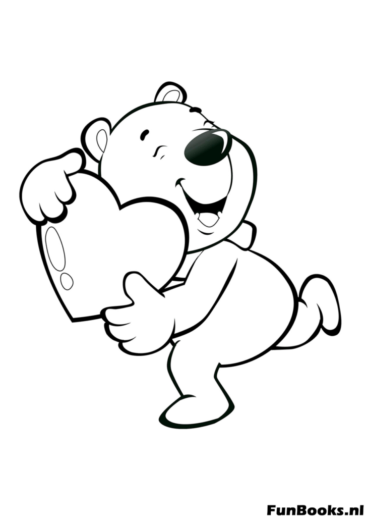Cheerful bear walking and carrying a love heart fun coloring page for children