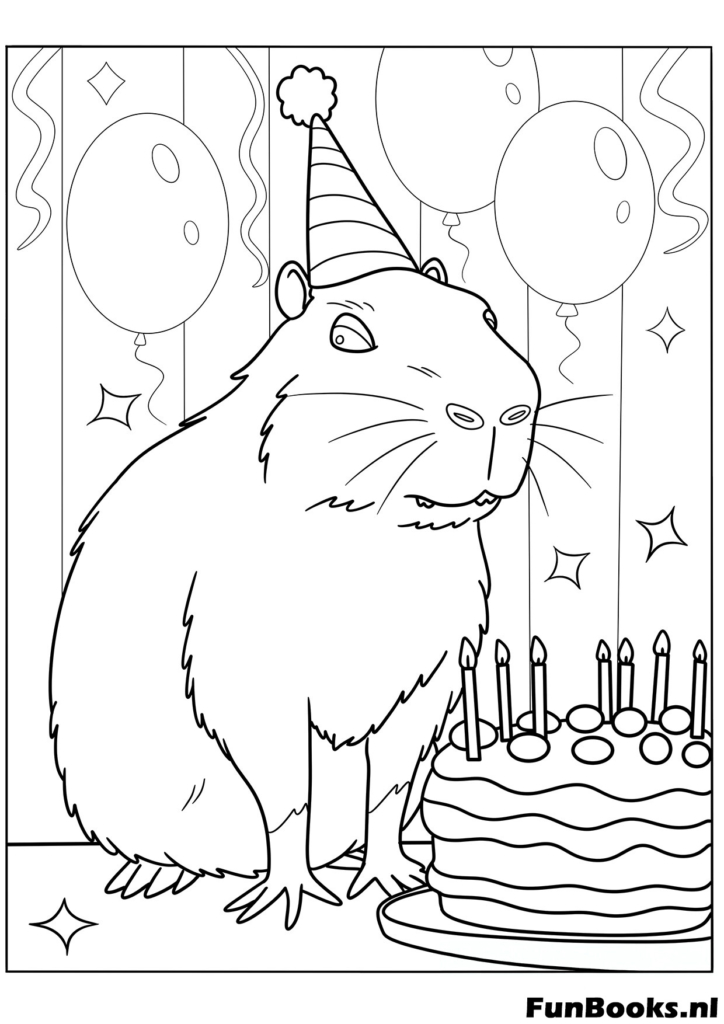 Capybara with party hat and birthday cake coloring page