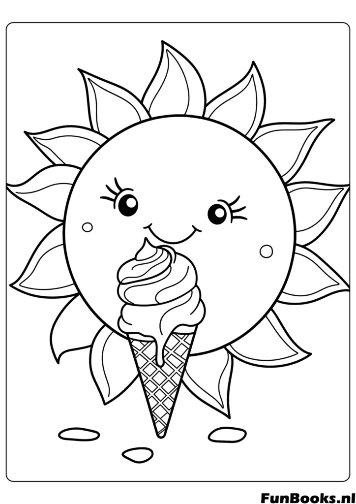 Smiling sun character holding a delicious ice cream cone hot summer day coloring page