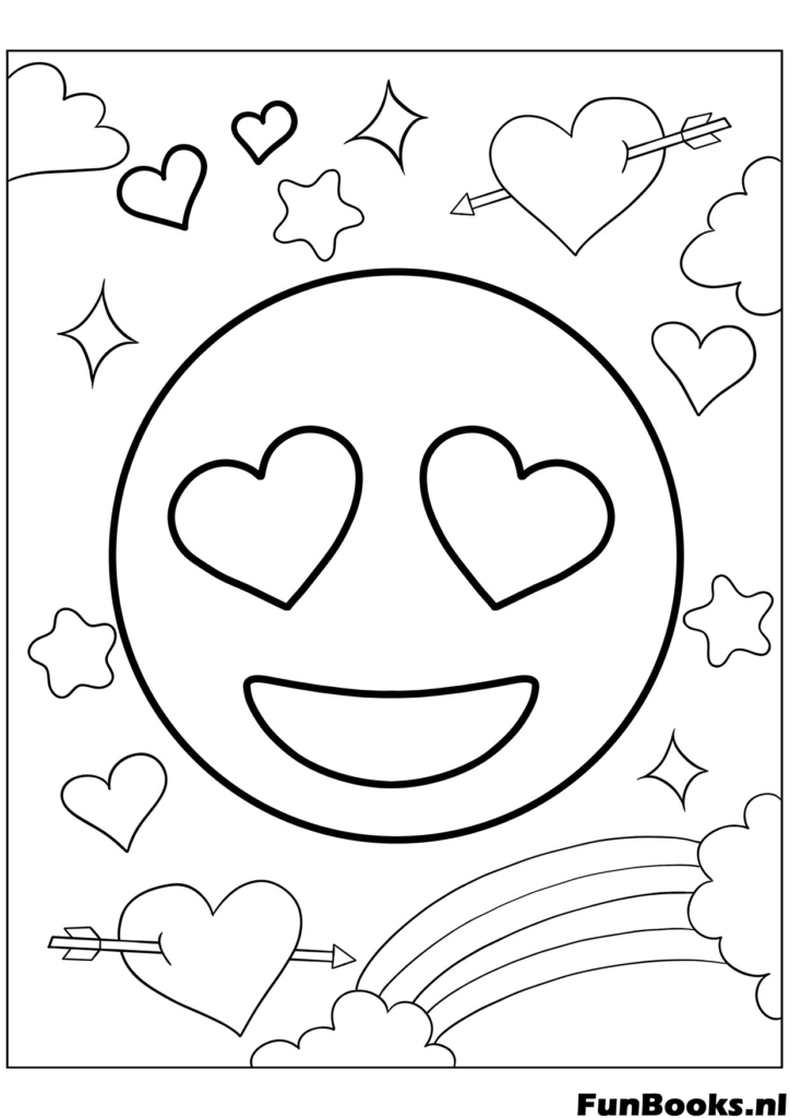 Fun smiling emoji face with heart eyes cute coloring sheet for expressing love and happiness to a friend