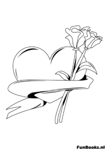 Classic heart with a single rose and ribbon banner romantic coloring page for Valentine's