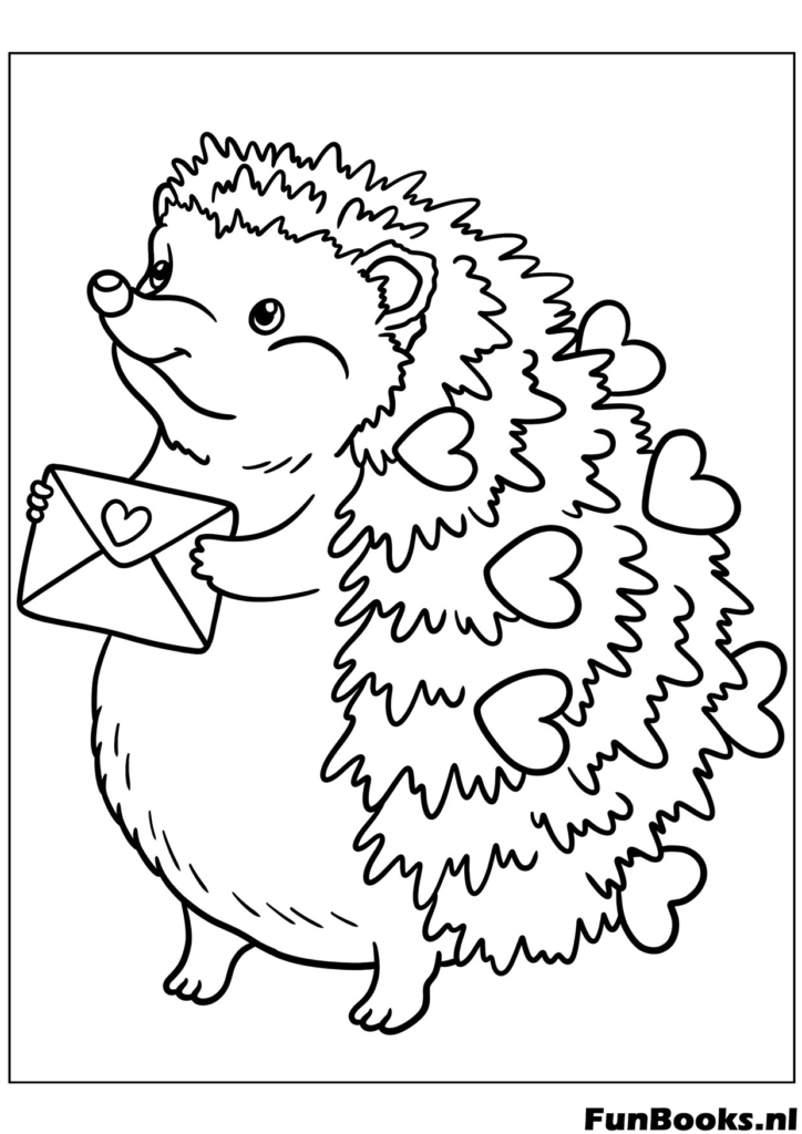 Cute hedgehog carrying a love letter envelope animal coloring page for friendship day or saying thank you
