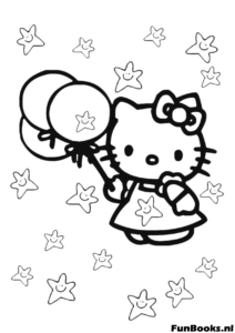 Hello Kitty vliegt met ballonnen en sterren achtergrond kleurplaat