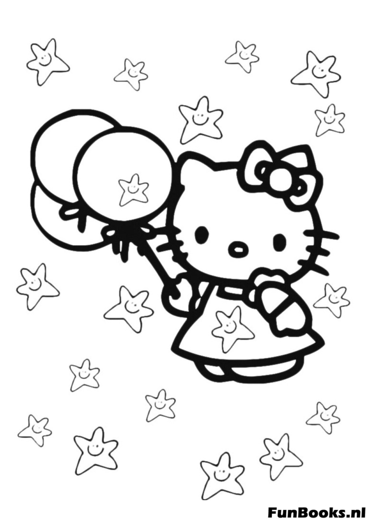 Hello Kitty vliegt met ballonnen en sterren achtergrond kleurplaat