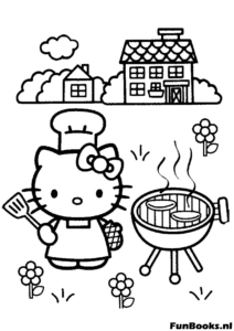Hello Kitty barbecuet buiten in kokskleding kleurplaat