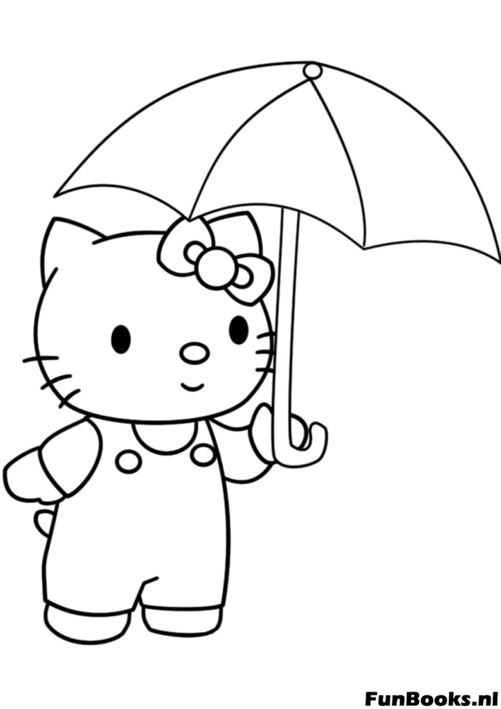 Hello Kitty portant des bottes de pluie et un parapluie sous la pluie coloriage