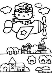 Hello Kitty fliegt als Pilot ein Flugzeug über eine Stadt Ausmalbild