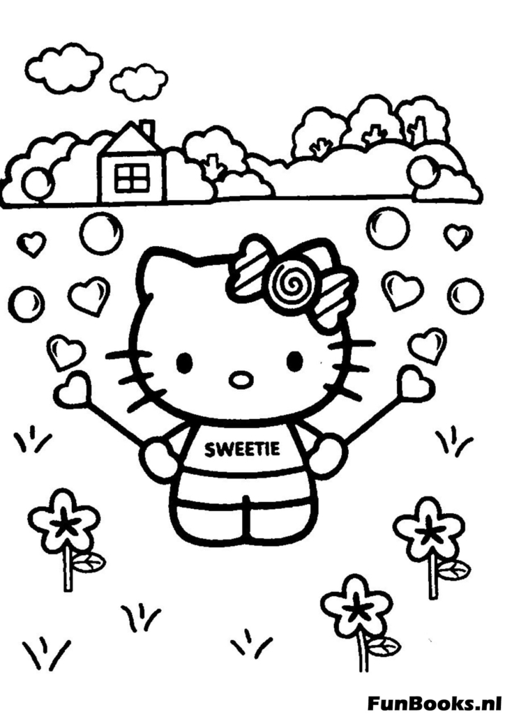 Hello Kitty omringd door liefdesharten Valentijnsdag kleurplaat