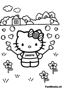 Hello Kitty umgeben von Liebesherzen Valentinstag Ausmalbild
