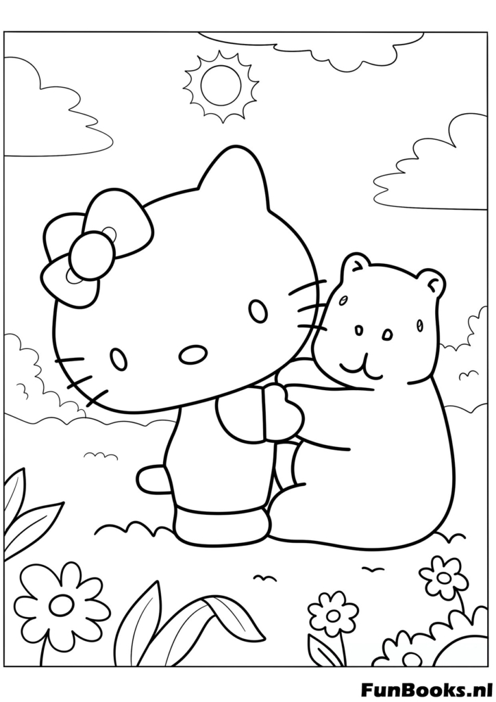 Hello Kitty hugging a cute capybara coloring page