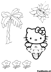 Hello Kitty danst hula in Hawaii met bloemen kleurplaat