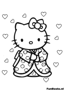 Hello Kitty draagt een traditionele Japanse Kimono kleurplaat