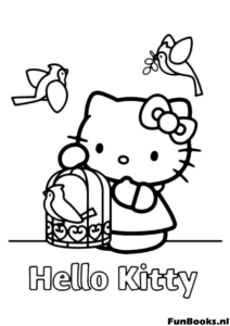 Hello Kitty hält einen Vogelkäfig mit einem singenden Vogel Ausmalbild