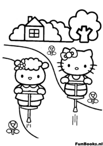 Hello Kitty playing on stilts outdoors with scenery coloring page