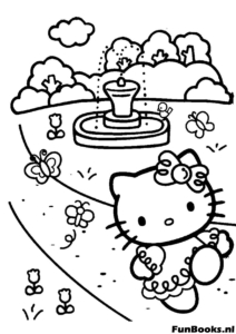 Hello Kitty wandelt in het park bij een fontein kleurplaat
