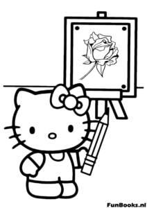 Hello Kitty artista pintando un retrato de flor afuera dibujo para colorear