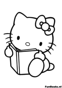 Smart Hello Kitty sitting and reading a book coloring page