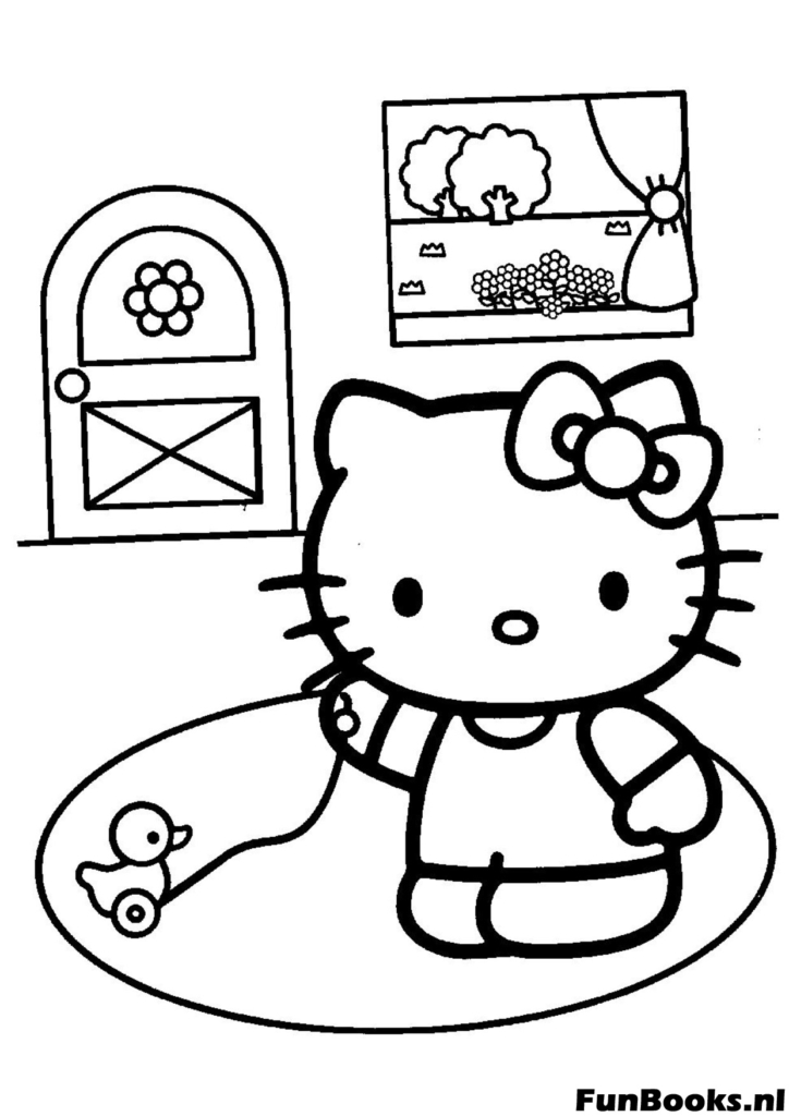 Hello Kitty regardant par la fenêtre de sa chambre coloriage