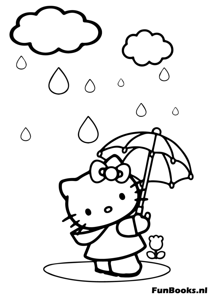 Süße Hello Kitty hält einen Regenschirm im Regen Ausmalbild