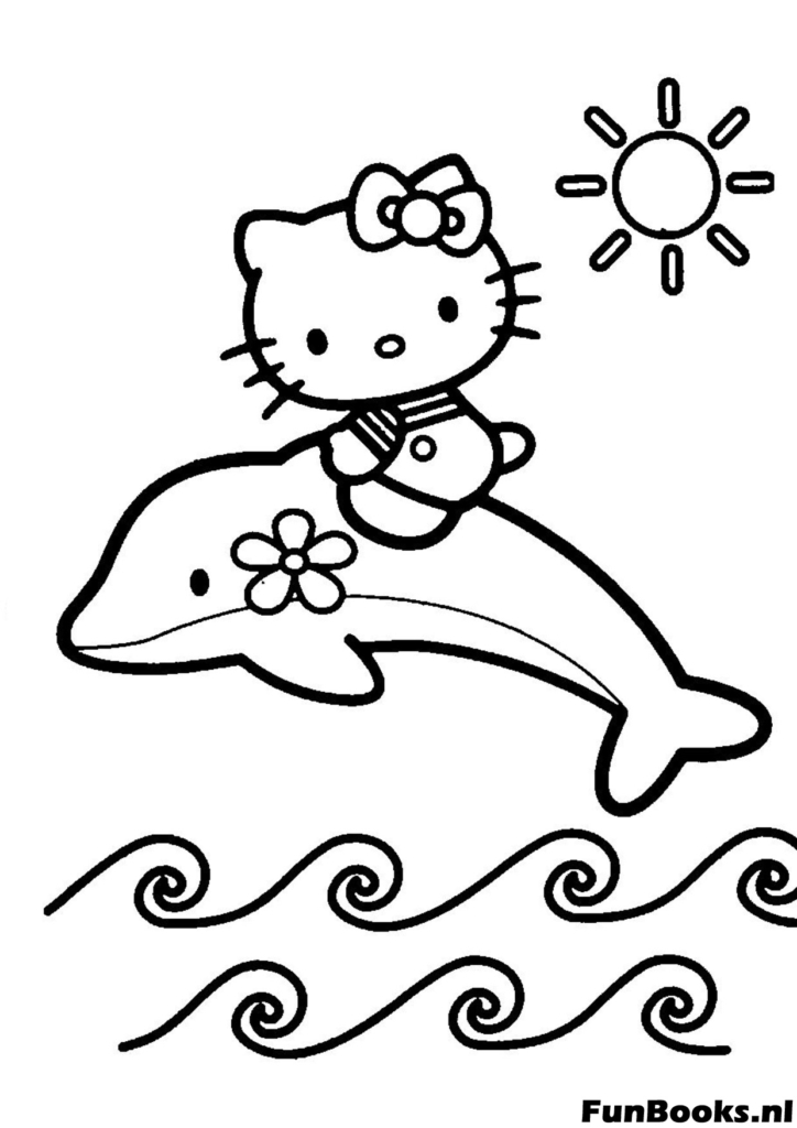 Hello Kitty reitet auf einem Delfin im Ozean Ausmalbild
