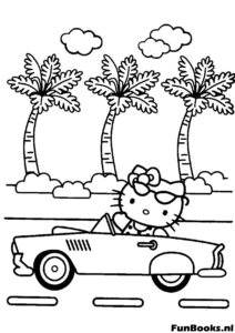 Hello Kitty rijdt in een cabriolet met palmbomen kleurplaat