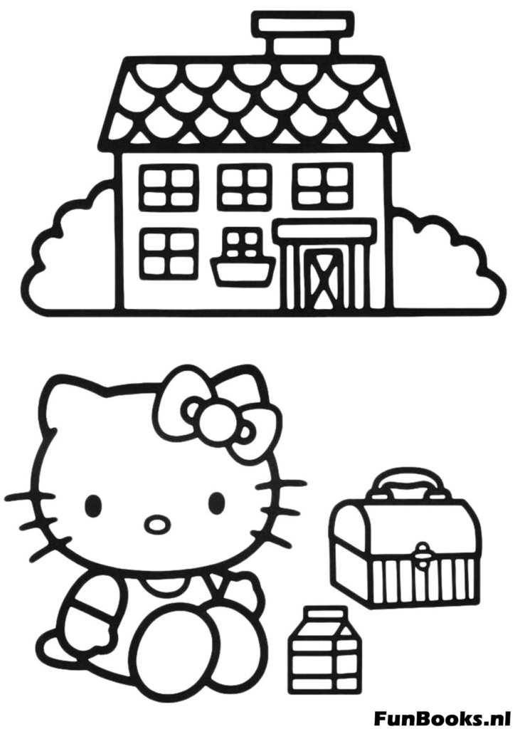 Hello Kitty sitzt vor einem Schulhaus mit Apfel Ausmalbild