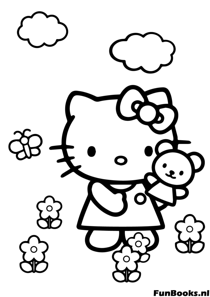 Hello Kitty spaziert draußen in einem Garten mit Blumen Ausmalbild