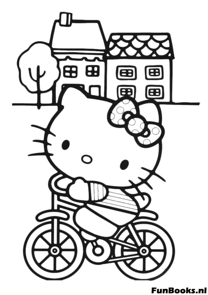Hello Kitty fietst in de stad kleurplaat