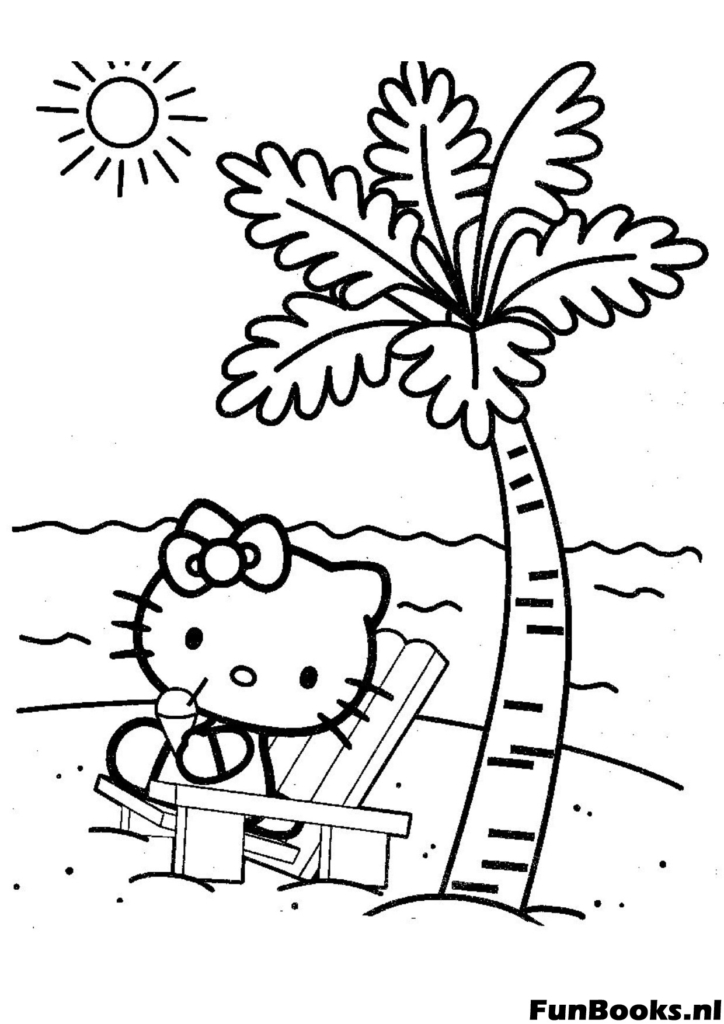 Hello Kitty ontspant op het strand onder een palmboom kleurplaat