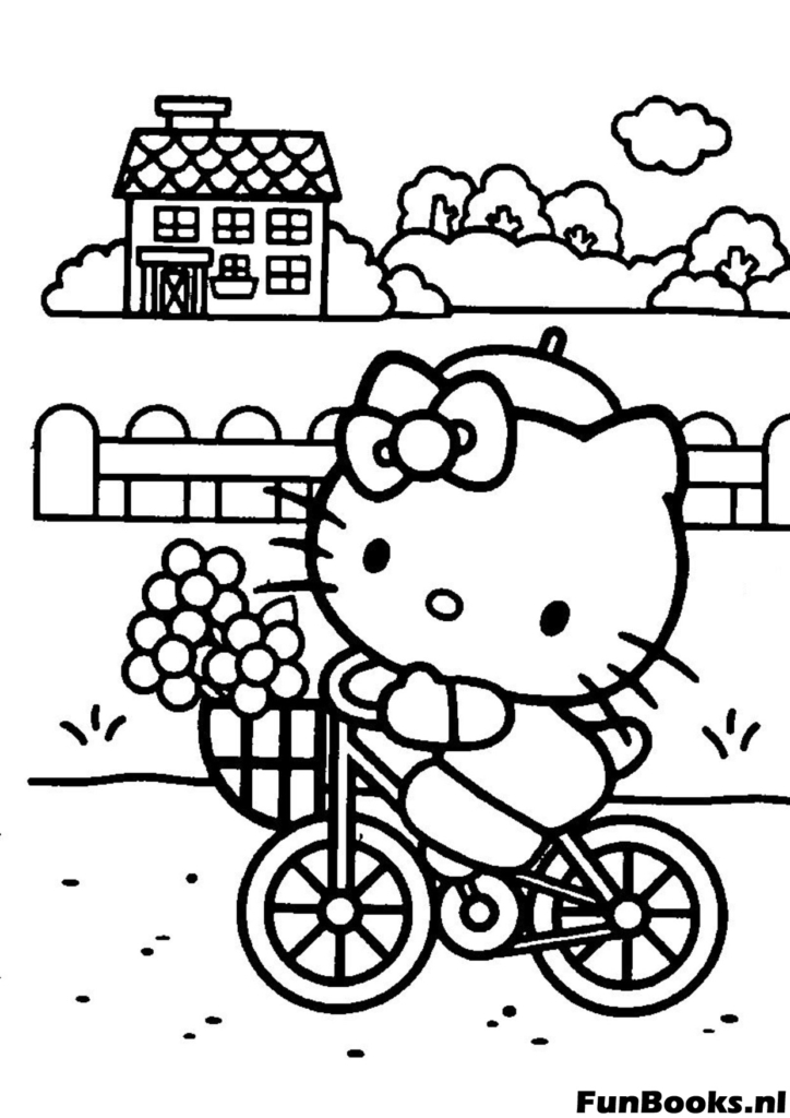 Hello Kitty faisant du vélo avec des fleurs dans le panier coloriage