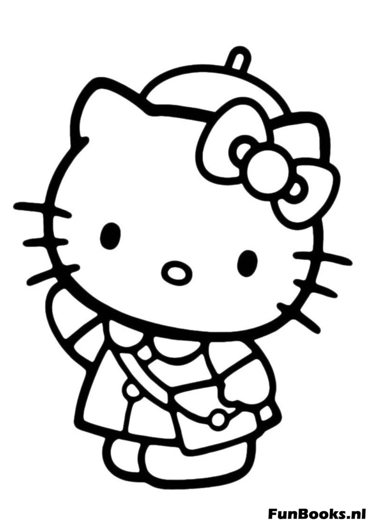 Hello Kitty gekleed in winterjas en baret naar school kleurplaat