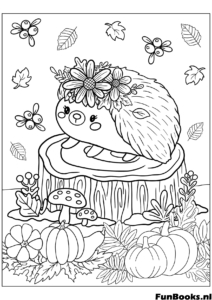 Hérisson assis sur une souche d'arbre avec champignons et citrouille nature coloriage