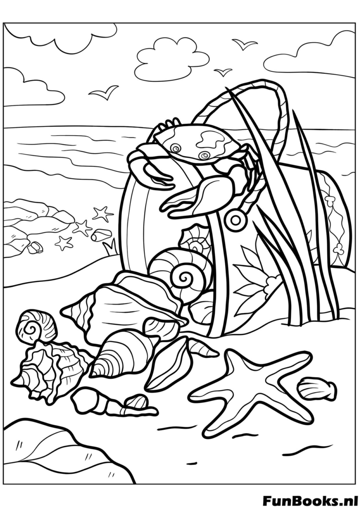 Cute hermit crabs crawling on the sandy beach with seashells nature coloring page