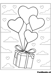 Strauß herzförmiger Ballons an eine Geschenkbox gebunden druckbares Valentinstag Ausmalbild für Kinder